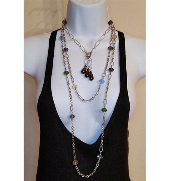 Curated bundle layered look lot 2 silver tone chain glass crystal necklaces. - Picture 1 of 5